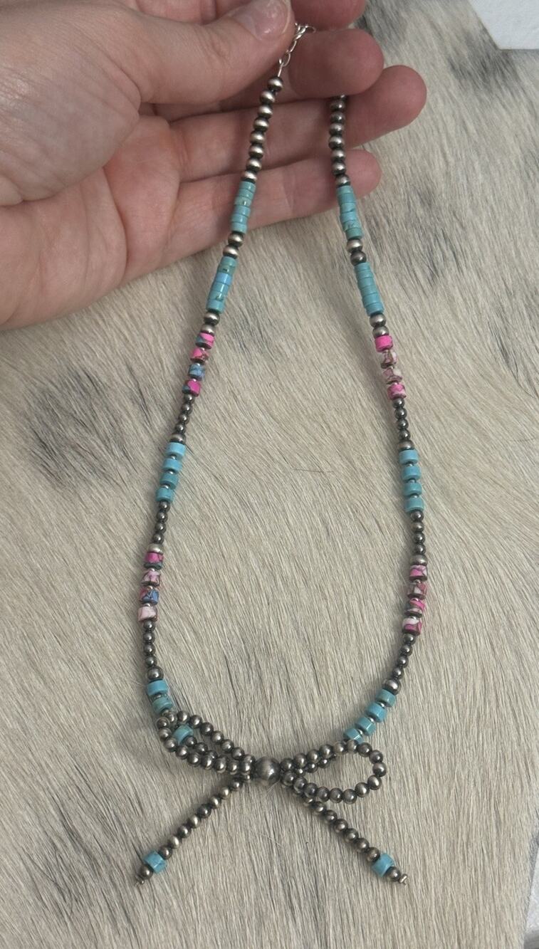 Navajo Pearl Sterling Silver Pink Cotton Candy & Turquoise Heishi Bow Necklace